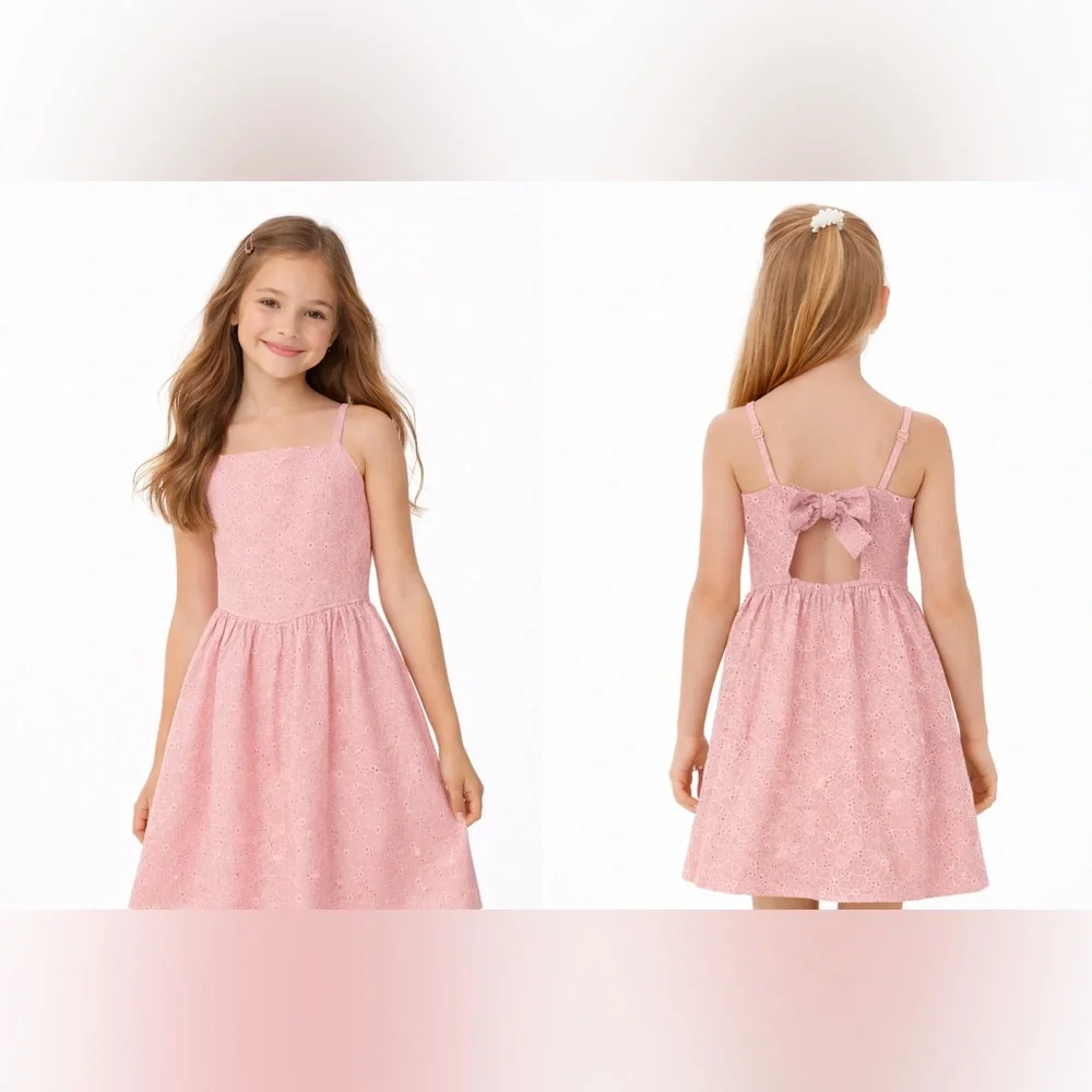 Art Class Girls Pink Eyelet Open Back Bow Dress Size L 10/12